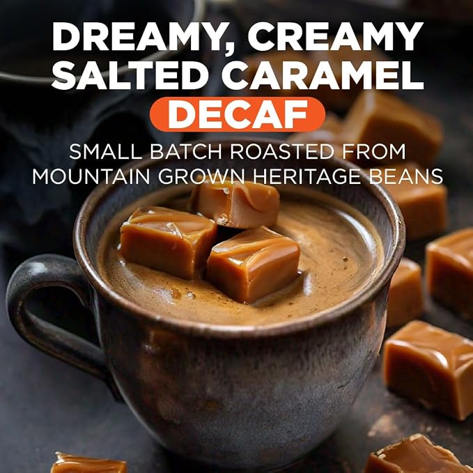Maud's Decaf Salted Caramel Flavored Coffee Pods, 18 ct, Decaffeinated Medium Roast Flavored Coffee in Single Serve Pods – 100% Arabica Beans, Compatible with Keurig K Cups Maker