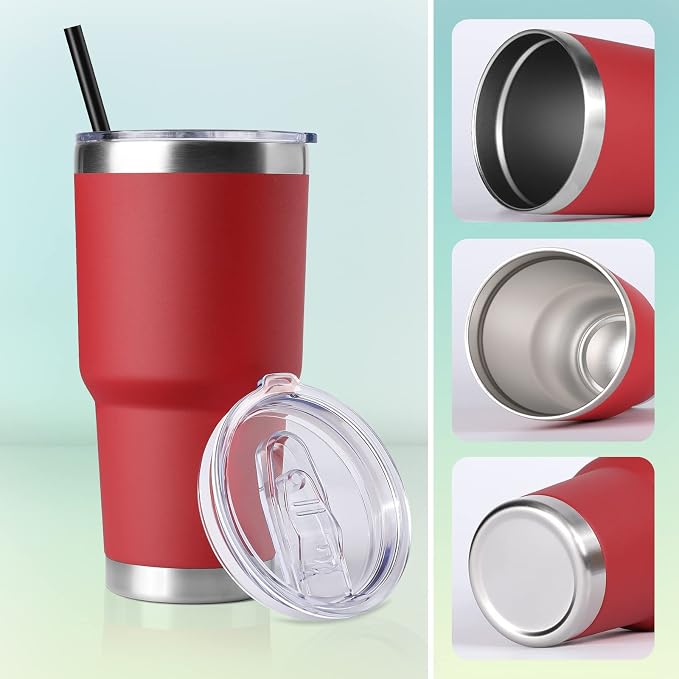 DOMICARE 30 oz Tumbler with Lid and Straw, Stainless Steel Tumblers Bulk, Insulated Vacuum Double Wall Travel Coffee Mug, Durable Powder Coated Tumbler Cups (Red, 4)