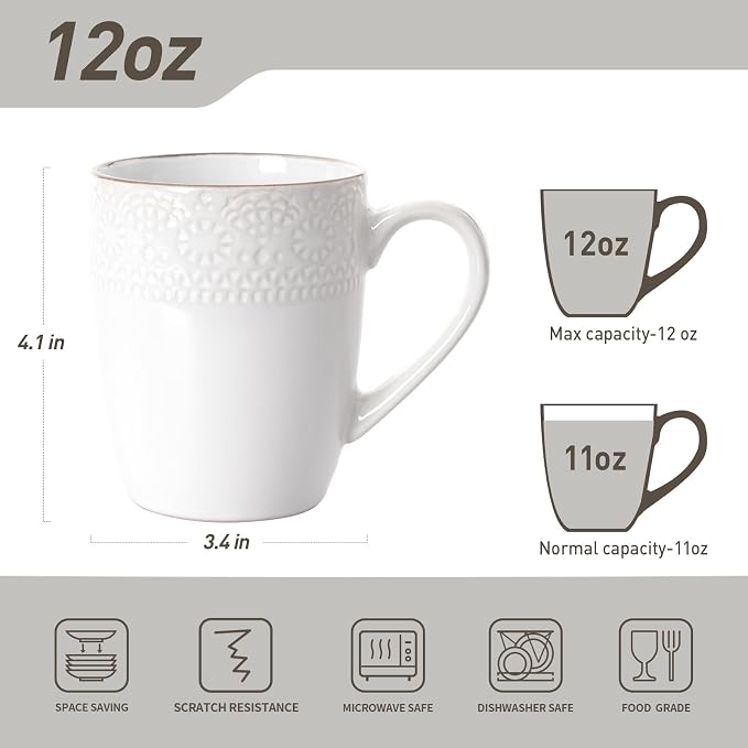 famiware Coffee Mugs Sets for 6, 12 oz Mug Set, Coffee Cups with Handle for Coffee, Tea, Cocoa and Milk, Microwave and Dishwasher Safe, White Floral