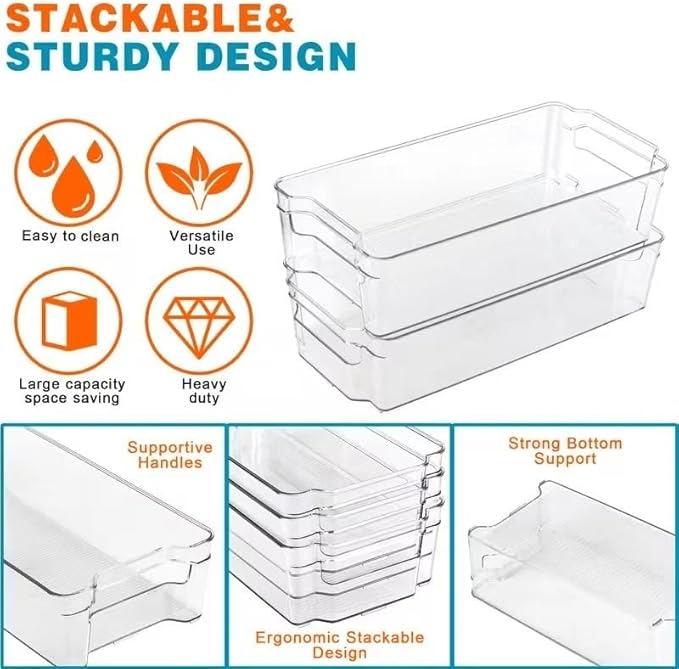 6-Piece Clear Plastic Storage Bin Set with Handles - Large (14.5"x7"x3.5") & Medium (12.4"x6.2"x3.5") Stackable Organizers, BPA-Free for Kitchen Pantry Fridge
