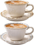 Vintage Porcelain Coffee Cup and Saucer Set, 12 OZ Ceramic Latte Mug - Farmhouse Cappuccino Cups for Espresso and Turkish Coffee, Artisan Tea Cups, Great Barista Gift for Home Cafe