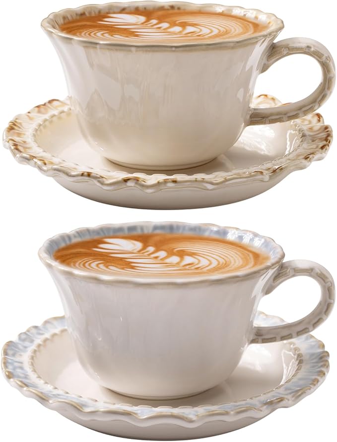 Vintage Porcelain Coffee Cup and Saucer Set, 12 OZ Ceramic Latte Mug - Farmhouse Cappuccino Cups for Espresso and Turkish Coffee, Artisan Tea Cups, Great Barista Gift for Home Cafe