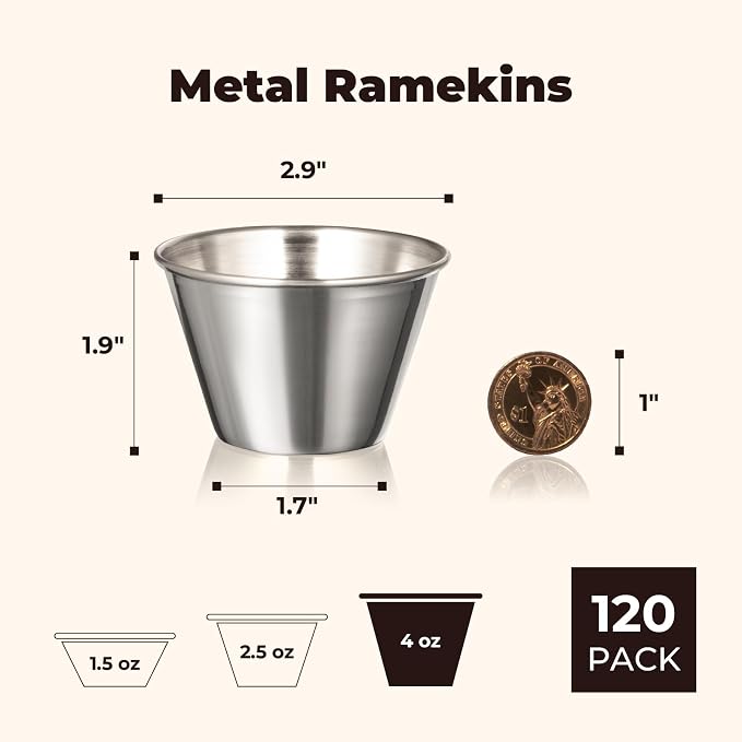Fit Meal Prep [120 Pack 4 oz Stainless Steel Dipping Sauce Cups, Reusable Metal Ramekins, Commercial Grade Condiment Bowls, Individual Portion Cups, Small Round Au Jus Cup for Home, Restaurant
