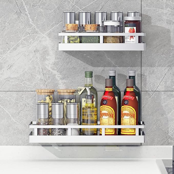 2PCS Kitchen Spice Rack, SUS304 Stainless steel Wall Mount Storage Rack, Seasoning Container, 15.7Inch Spice Organizer, Kitchen Seasoning Hanging Rack, Bathroom Shelf for Storing Toiletries