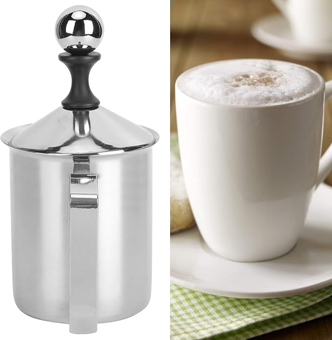 Manual Milk Frother, 14oz/400ml Stainless Steel Milk Foam Maker with Double Mesh Screen Handheld Frothing Pitcher Foamer for Coffee, Latte, Cappuccino, Frappe, Matcha, Hot Chocolate