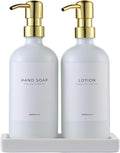 MaisoNovo Soap and Lotion Dispenser Set - Bathroom Soap Dispenser Set with White Soap Dispenser, Gold Pumps & Ceramic Tray