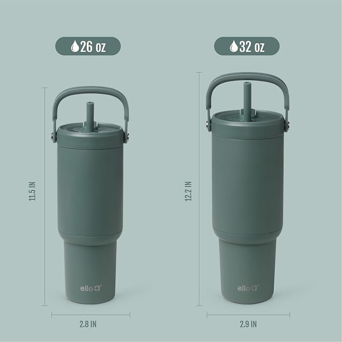 Ello Oasis Go+ 26oz Tumbler with Top Handle and Retracting Straw | Reusable Insulated Stainless Steel Cup, 100% Leakproof Water Bottle, 24 Hours Cold, Cup Holder Friendly For Travel | Alligator