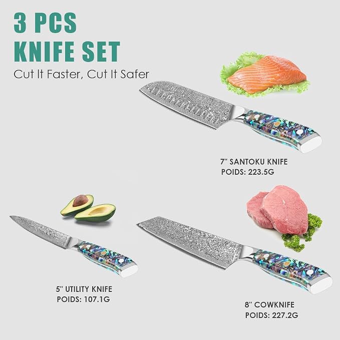KEENZO 3PCS Kitchen Knife Set, Professional Kitchen Knives with 8"Chef, 8"Kiritsuke knife, 5"Utility Knife, Japanese Hand Forged 67 Layers Damascus Steel Cooking Knife, Ergonomic Abalone Shell Handle