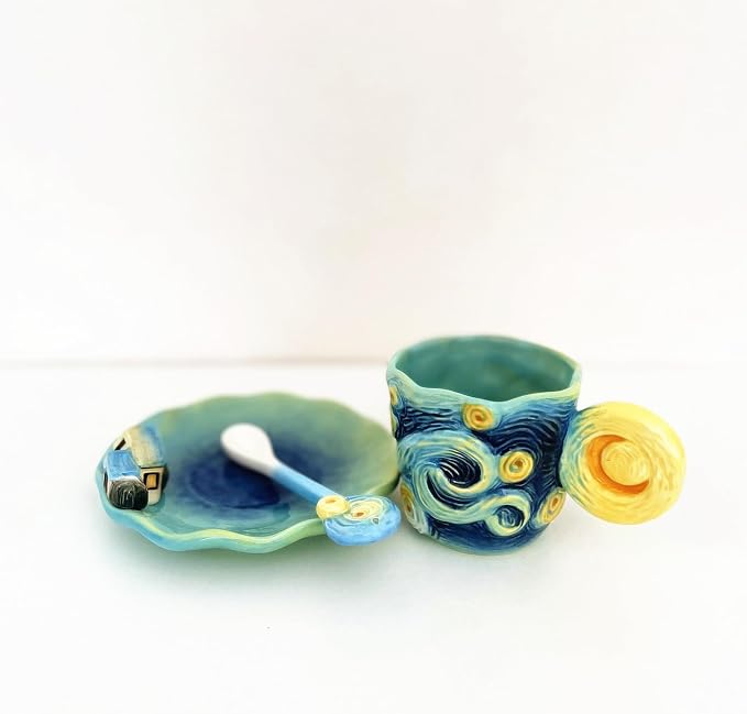 Ceramic Starry Sky Coffee Mug and Saucer set with Spoon,3D Handmade and Hand-painted Tea Mug, 6OZ