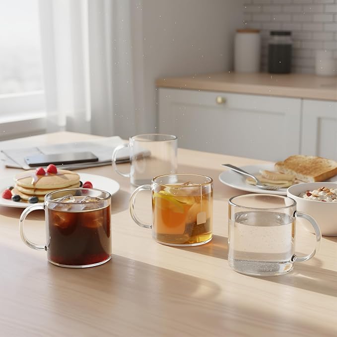 Aquach 12oz Glass Mugs Set of 4, Clear Borosilicate Cups with Handle | Dishwasher/Microwave Safe, 3.5mm Thick, Single-walled, Smooth Rim, Stable Flat Base, Fits Hot/Cold Brews