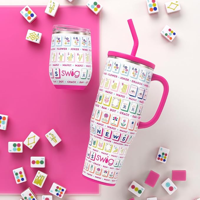 Swig Life 40oz Mega Mug, 40oz Tumbler with Handle and Straw, Extra Large Insulated Tumblers, Cup Holder Friendly Travel Mug (Mahjong)