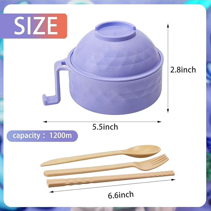 2 Sets Microwave Ramen Bowl 40 oz Wheat Fiber Portable Instant Noodle Cooker Bowl with Handles Strainer Spoon Chopstick Fork College Dorm Room Apartment Essentials(Purple,Orange)