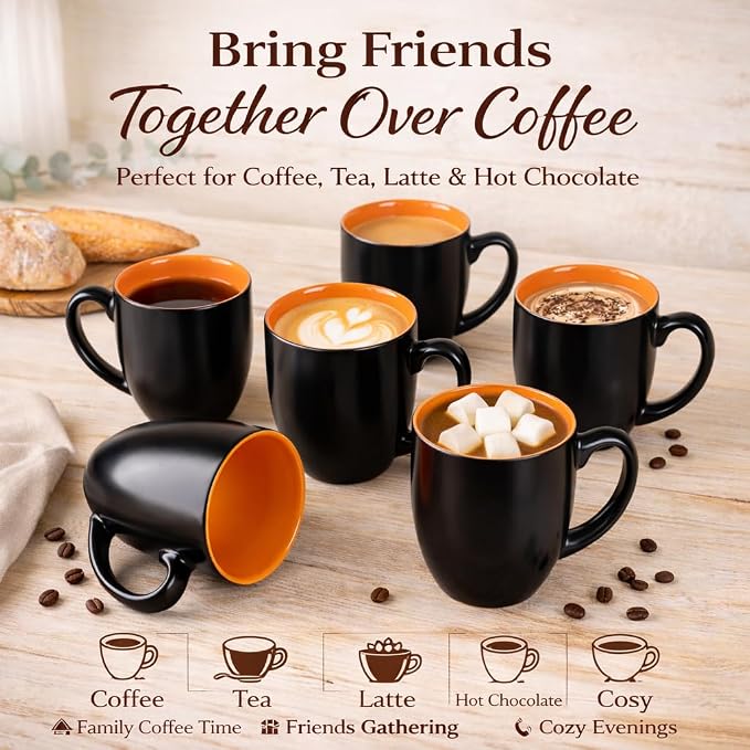 GBhome 16oz Coffee Mugs Set of 6, Large Ceramic Coffee Mugs for Man, Woman, Dad, Mom, Modern Coffee Mugs Set with handle for Tea/Latte/Cappuccino/Milk/Cocoa. Dishwasher&Microwave Safe,Orange