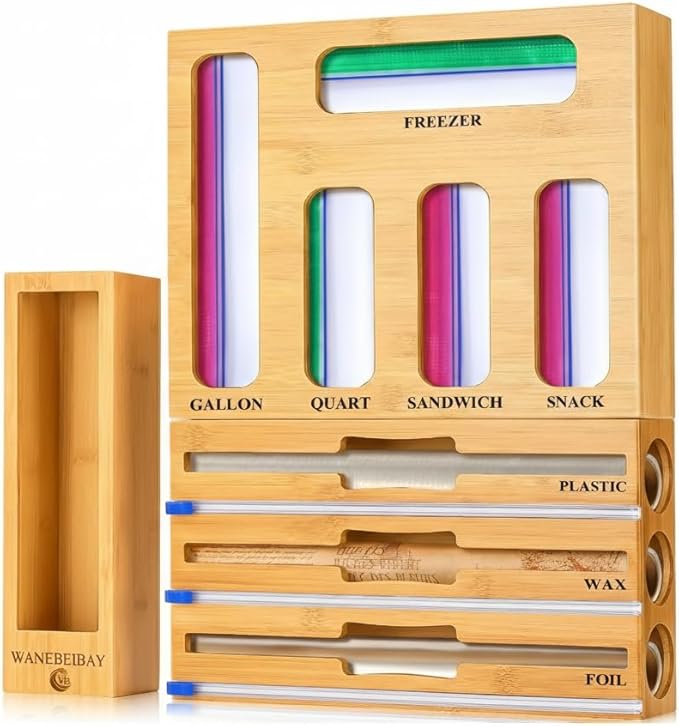 9-in-1 bamboo storage bag rack with cutter, suitable for kitchen drawer and wall storage, compatible with gallons, quarts, aluminum foil and cling film, sandwich, snack Bags