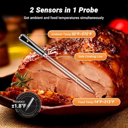 Bluetooth Meat Thermometer with App Remote Control，IP67 Waterproof Wireless Thermoemter for BBQ, Grill, Smoker, Oven, Rotisserie，Ideal for Continuous Cooking, Easy to Clean and Storage