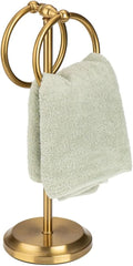J&V TEXTILES Steel Towel Rack Holder Stand with 2 Hanging Rings for Bathroom Vanity Countertops - Space Saving Hand Towel Holder (Aged Brass)