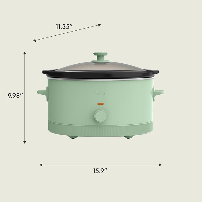 bella 6.0 Qt Manual Slow Cooker, Ceramic Nonstick Coating, 3 Temperature Settings, Dishwasher Safe Stoneware Pot and Tempered Glass Lid, Cool Touch Handles & Tangle Free Cord Wrap, Seaglass