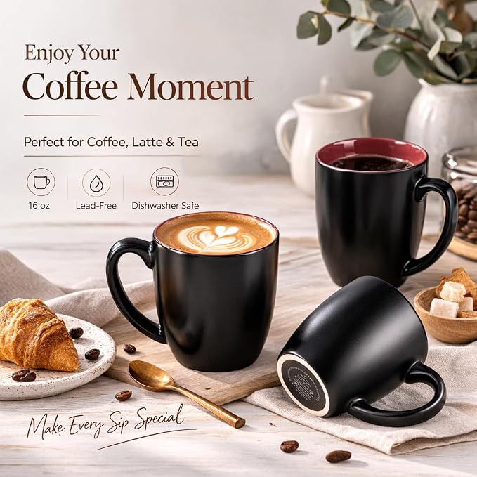 GBhome 16oz Coffee Mugs Set of 6, Large Ceramic Coffee Mugs for Man, Woman, Dad, Mom, Modern Coffee Mugs Set with handle for Tea/Latte/Cappuccino/Milk/Cocoa. Dishwasher&Microwave Safe,Red