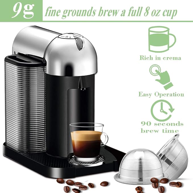 CAPMESSO Stainless Steel Reusable Coffee Capsule: Metal Refillable Coffee Pod Brewing Espresso - Compatible with Nespresso Vertuoline GCA1/ENV135/ENV150/BNV420 ((2.4OZ(Small Cup)+10 Silicone Rings)