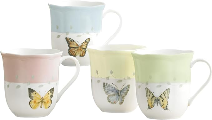 Lenox Coffee Mug Set, Butterfly Meadow Colors 4-Piece Mug Set, Service for 4, White Porcelain Mugs, 10 Oz Capacity, Microwave & Dishwasher Safe, Ceramic Mugs, Coffee Cups, Tea Cup (Assorted, 4 Piece)