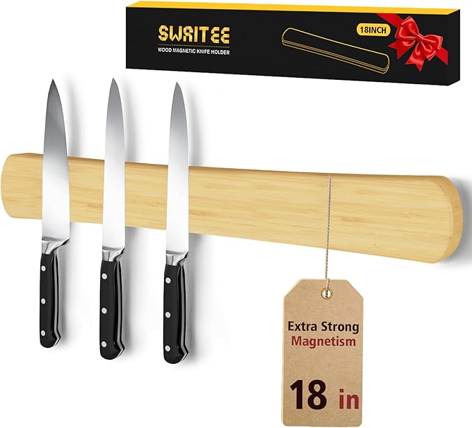 Swaitee Magnetic Knife Holder for Wall, 18 Inch Bamboo Magnetic Knife Strip, Kitchen Storage Organizer, Fridge Side Mount, Housewarming Gifts for New Home