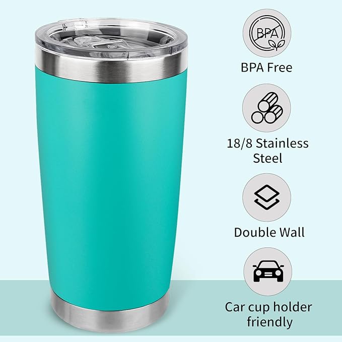 20oz Stainless Steel Tumbler Bulk with Lid, Travel Mug - Double Wall Vacuum Powder Coated Cup - Light Green, 12 Pack