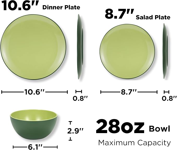 TP 12-Piece Melamine Dinnerware Sets, Plates and Bowls Dishes Set for 4, Break-Resistant & Non-Microwavable, Lightweight Dinner Plates, Avocado Green