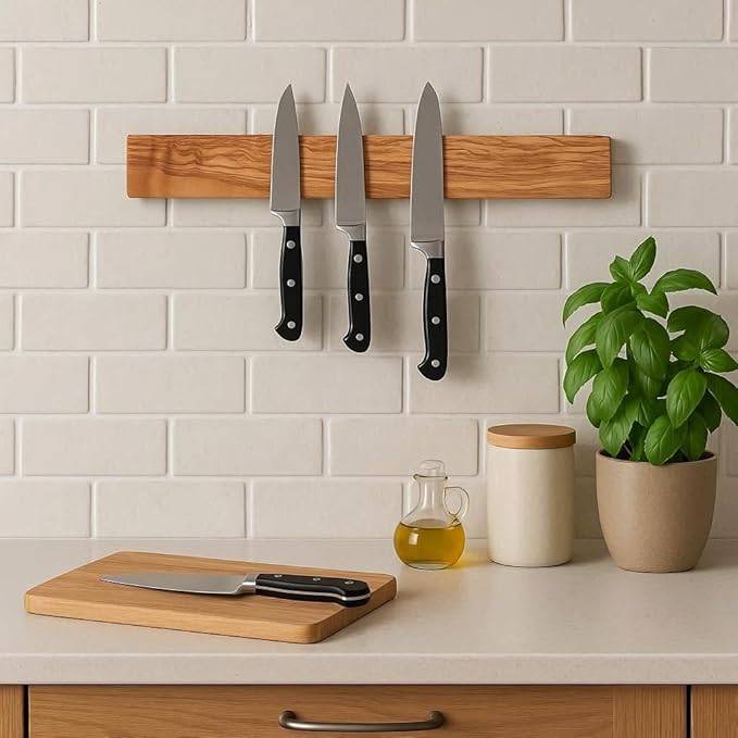 Wooden Knife Magnetic Strip (15,7 x 2.5 in) Mount with Screws, Olive Wood Magnetic Knife Holder for Wall, Space-Saving Knife Rack, Magnetic Knife Holder for Heavy Knifes