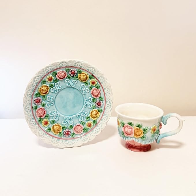 Ceramic Coffee Mug and Saucer Set for Women, Vitorian Hand-painted Rose Flower Tea Cup - 3oz(Multicolour)