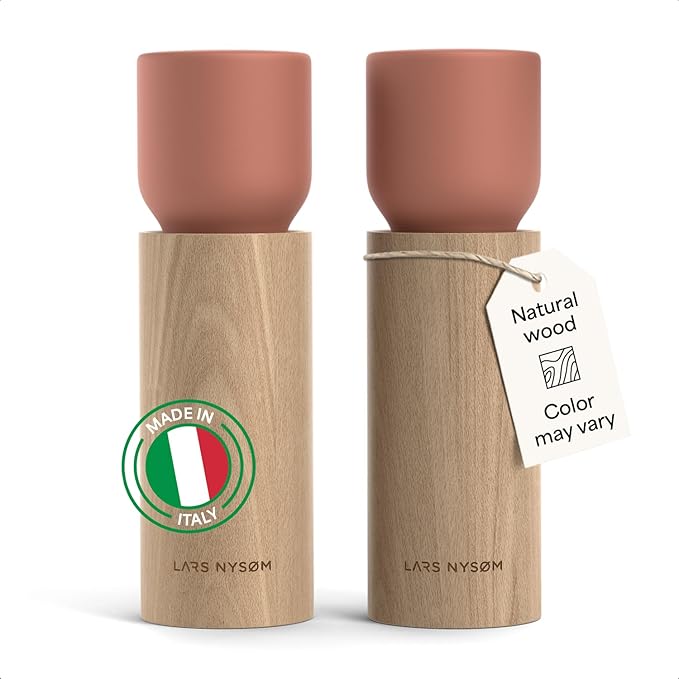 LARS NYSØM Wooden Salt and Pepper Grinder Set Manual - Salt and Pepper Mills with Adjustable Ceramic Grinder - Elegant Beechwood Pepper and Salt Mill Set for Dining Table (Brick Red)