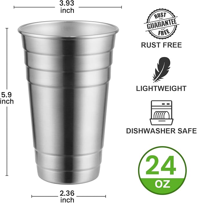 MEWAY Premium Stainless Steel Cups 24 oz Pint Cup Tumbler (8 Pack) - Premium Metal Cups - Stackable Durable Cup，Chilling Beer Glasses, for Travel, Outdoor, Camping, Everyday