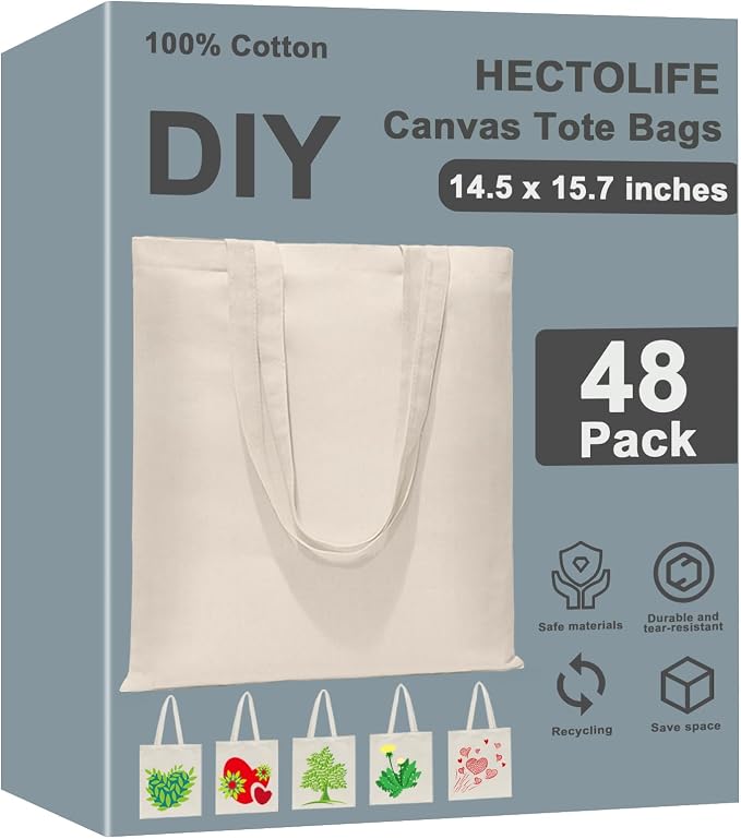 HECTOLIFE 6 I 12 I 24 I 48 Pack Canvas Tote Bags,Reusable Blank Canvas for Shopping Bags,Grocery Bags,DIY Gift Bags