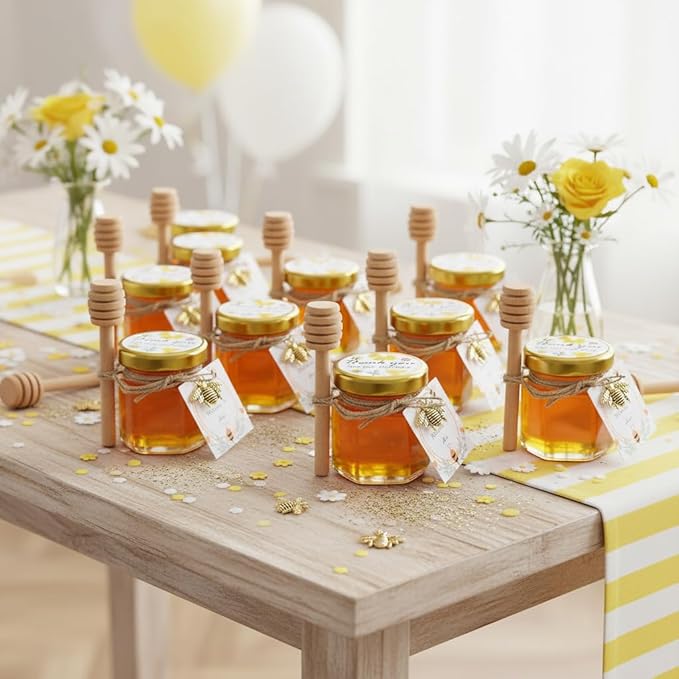 Adabocute Honey Pot, Mini Honey Jars with Wood Dipper, Gold Lid, Bee Pendants, Beige Gift Bags, Thanks for Beeing Here Tags, Mini Honey Jars for Baby Shower Favors Wedding Favors, 60 Pack