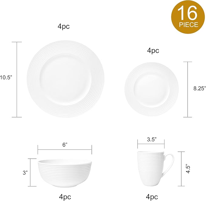 Bone China 16 Piece Dinnerware Dish Set, Service for 4, White Embossed Circle, Microwave Safe, Translucent, Elegant giftware, Essential Home, Formal and Everyday Living, Kitchen Dishes, Dinner Set