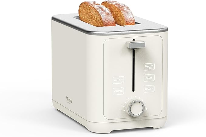 Martha Stewart 2 Slice Toaster, 10 Shade Settings with Defrost, Cancel, Bagel & Gluten-Free, Extra-Wide Self-Centering Slots for Waffles & Artisan Bread, Removable Crumb Tray, Cord Wrap, Linen Cream