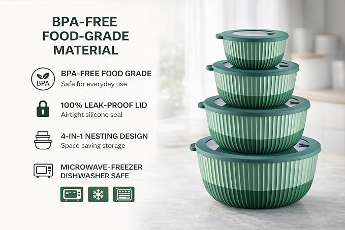 Mixing Bowls with Lids, 8-Piece Airtight Leak-Proof Nesting BPA-Free Prep Bowl Set for Kitchen & Food Storage, Large 4200ml Capacity, Microwave & Dishwasher Safe
