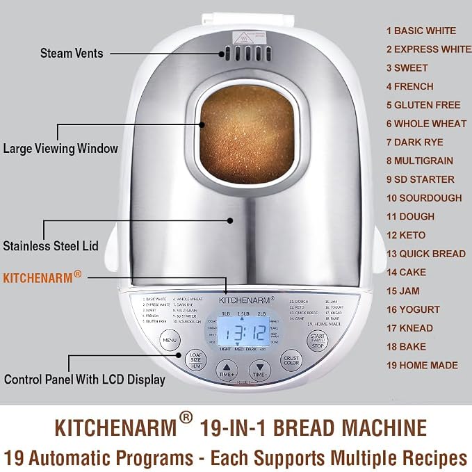 KITCHENARM 19-in-1 HANDY Bread Machine with Homemade Cycle and Gluten Free Setting - Beginner Friendly 2LB 1.5LB 1LB White Bread Maker Machine with Recipes and Delay Timer