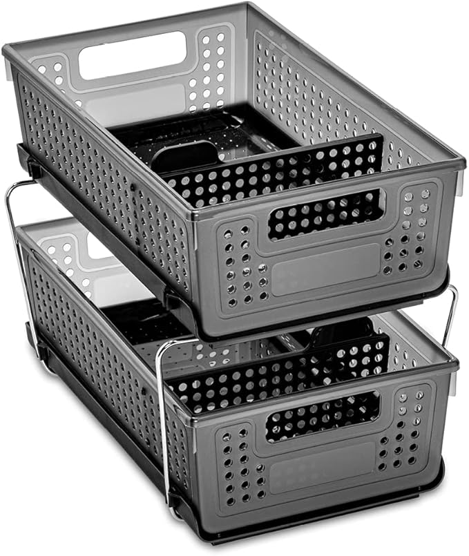 madesmart 2-Tier Plastic Multipurpose Organizer with Divided Slide-Out Storage Bins, Under Sink & 2-Tier Plastic Multipurpose Organizer with Divided Slide-Out Storage Bins