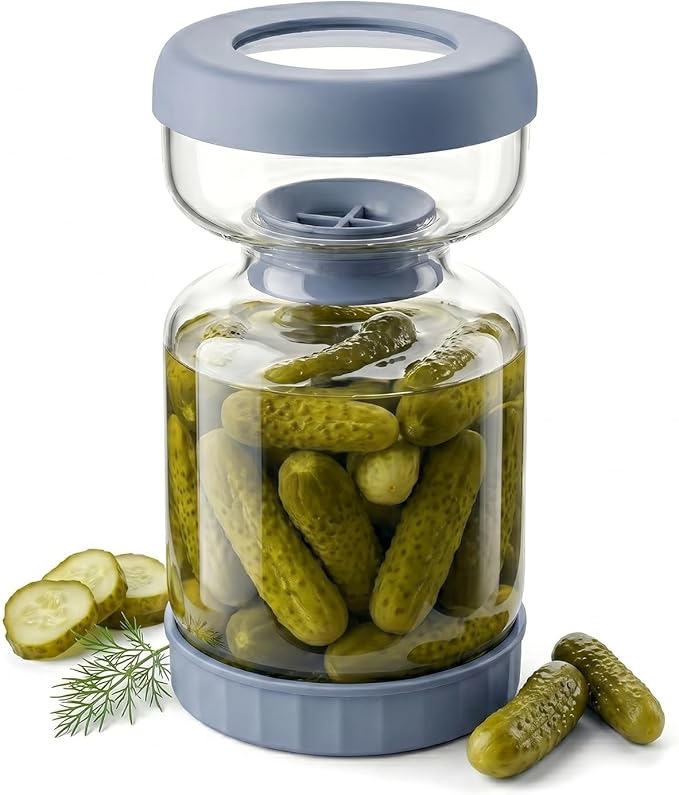 Homnoble Pickle Jar with Strainer Flip for Pickle Juice Separator from Wet and Dry, Upgrade Food-grade ABS Lid and BPA Free Hourglass Pickle Jar for Airtight Food Storage, Haze Blue