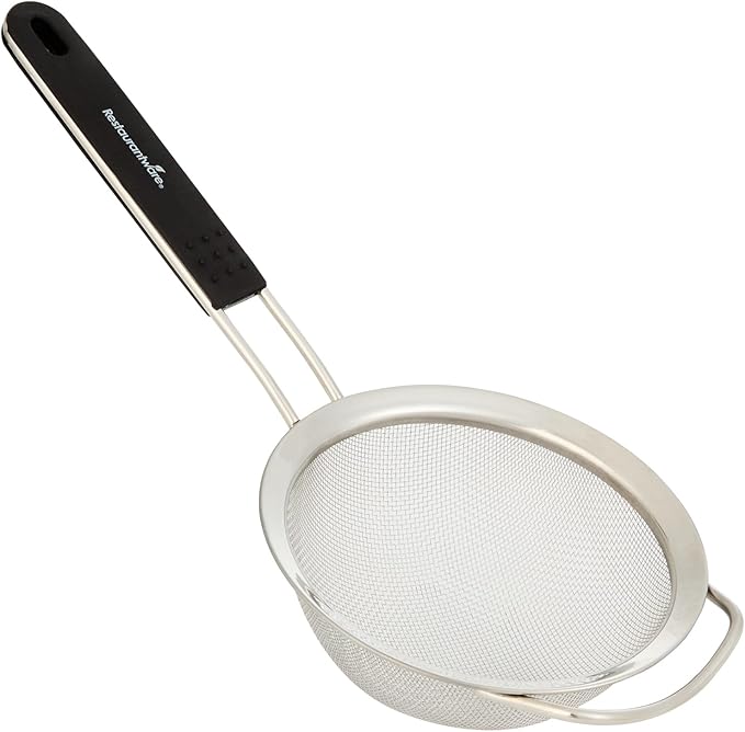 Restaurantware Fine Mesh Strainer 1 Count 14.4" x 7" x 2.9" with Silicone Handle Stainless Steel Extra Fine Mesh Strainer Heat-Resistant Handle Dishwasher-Safe for Rice, Quinoa, Pasta