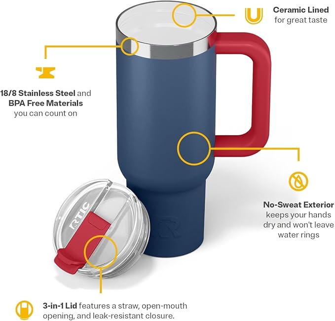 RTIC 30 oz Road Trip Tumbler Double-Walled Ceramic Lined InsulatedStainless Steel Portable Travel Coffee Mug Cup with Lid, Handle and Straw, Patriot