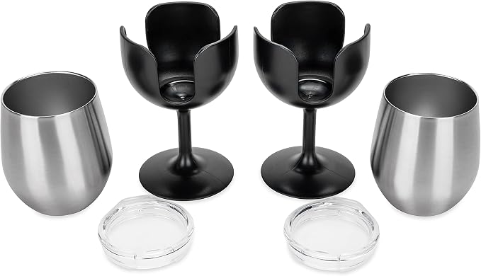 Camco Life is Better at The Campsite Wine Tumbler | Heavy Duty Double Wall Vacuum Insulation | Crafted of 18/8 Stainless Steel | Features Removable Black Stems | 2-Pk, 8-oz/Each (53485)