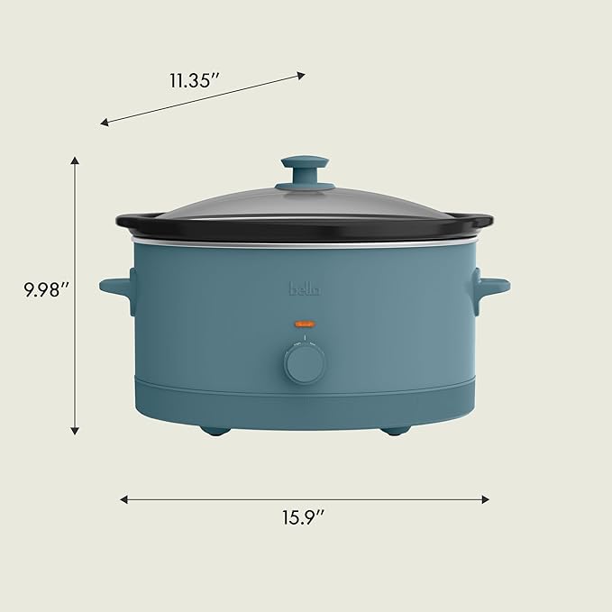 bella 6.0 Qt Manual Slow Cooker, Ceramic Nonstick Coating, 3 Temperature Settings, Dishwasher Safe Stoneware Pot and Tempered Glass Lid, Cool Touch Handles & Tangle Free Cord Wrap, Surf