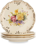 YOLIFE Tea Saucers Set of 4, 5.8 inch – Ivory Vintage Floral Porcelain Tea Plates for Cups with Gold Leaves Trim, Ideal for Tea Parties
