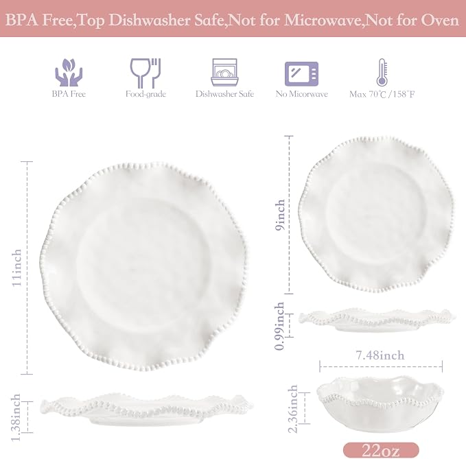 Melamine Dinnerware Sets Service for 4, Cream Plates and Bowls Set with Beaded Edge, BPA Free Dishwasher Safe, Heavy Duty Shatterproof Unbreakable Tableware for Wedding Party Camping Outdoor