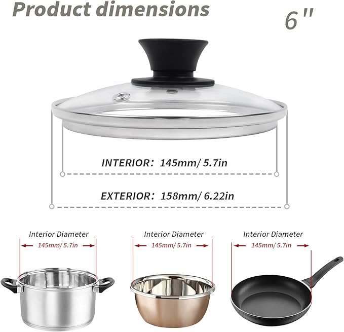 6" Tempered Glass Pan Lid with Steam Vent, Thickened to 4mm, Universal Fit for Cast Iron Skillets, Frying Pans & Pots