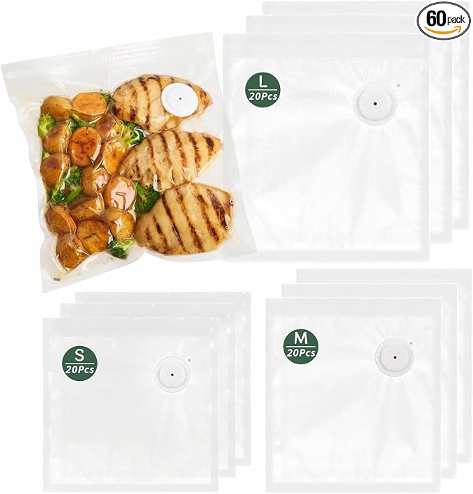 Reusable Vacuum Sealer Bags for Food 60Pcs (S/M/L), BPA-Free Sous Vide Bags for Microwave Heating, Cooking and Freezer Storage, Compatible with Most Handheld Sealers and Vacuum Sealer Machines