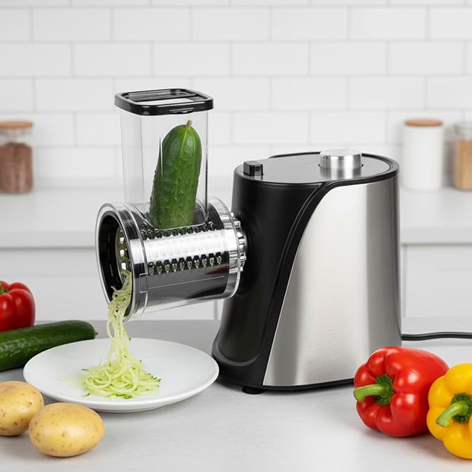 5-in-1 Electric Vegetables Slicer, 250W Cheese Grater Salad Shooter with 5 Different Blades, Kitchen Food Processor Cutter Chopper for Carrots, Potatoes, Nuts, Crackers, Salad Prep