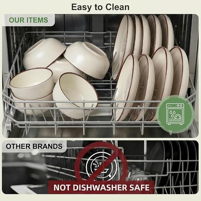 Melamine Dinnerware Set 12 Piece for 4, Cream White Spray Dots Unbreakable Plates and Bowls with Dark Brown Rim, Lightweight Durable Dishware for Camping Picnic Party