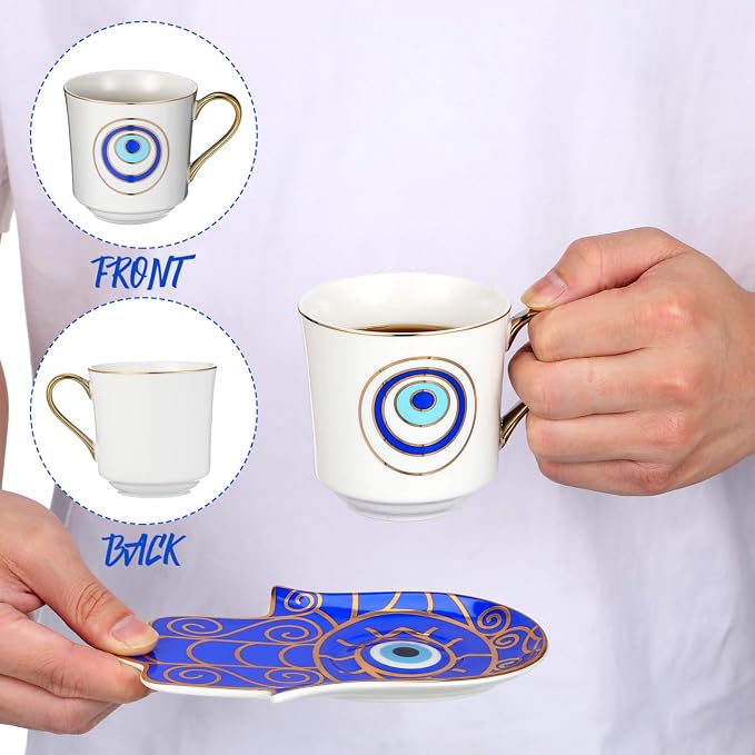 Kichvoe Evil Eye Coffee Mug with Saucer Set Ceramic Porcelain Tea Cup 4.13X2.95X2.95 Inch Microwave Dishwasher Safe for Home Office Beverage Milk Water